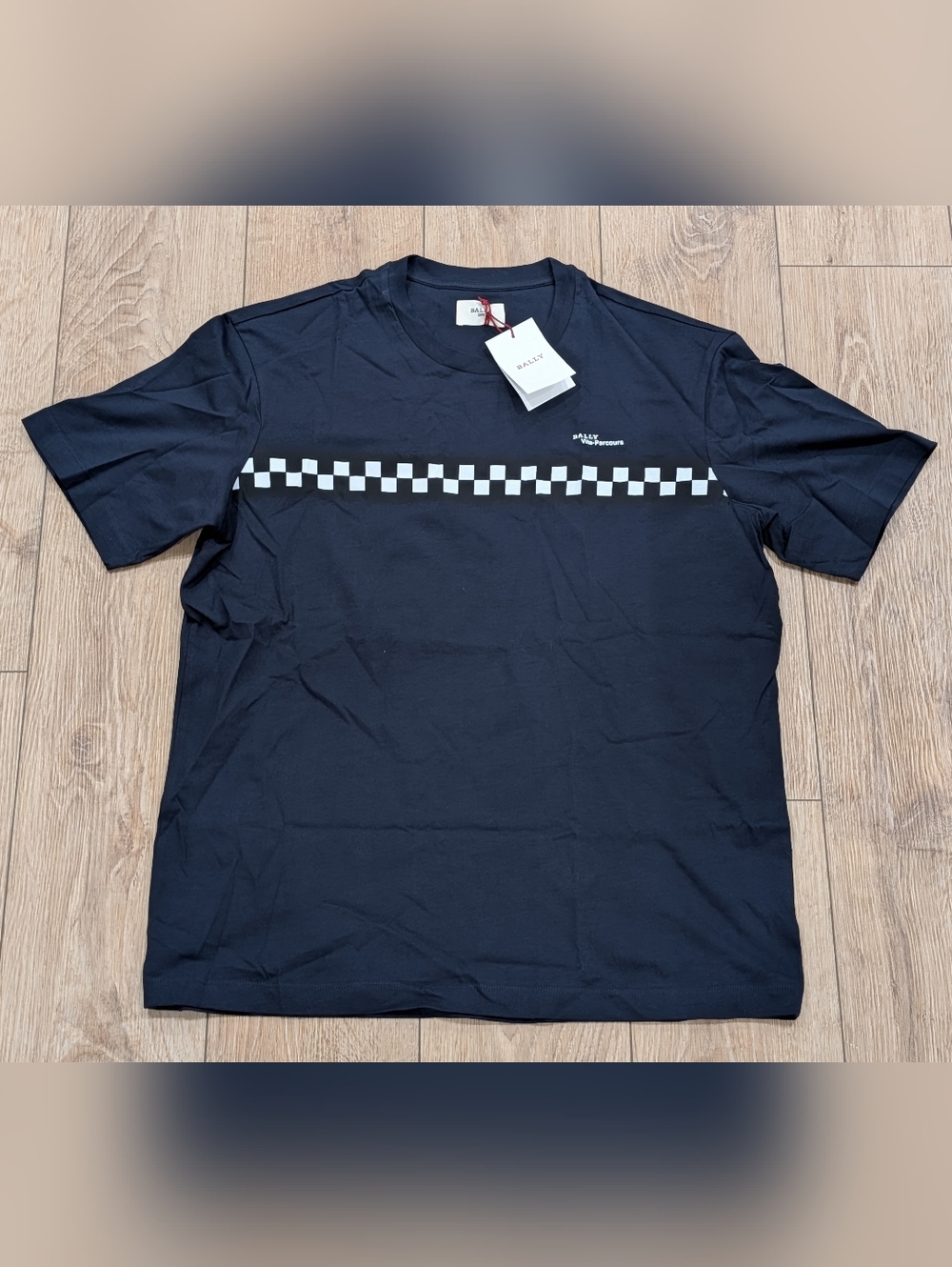 $300 Mens BALLY Checkered Stripe Crewneck T-Shirt Navy XL